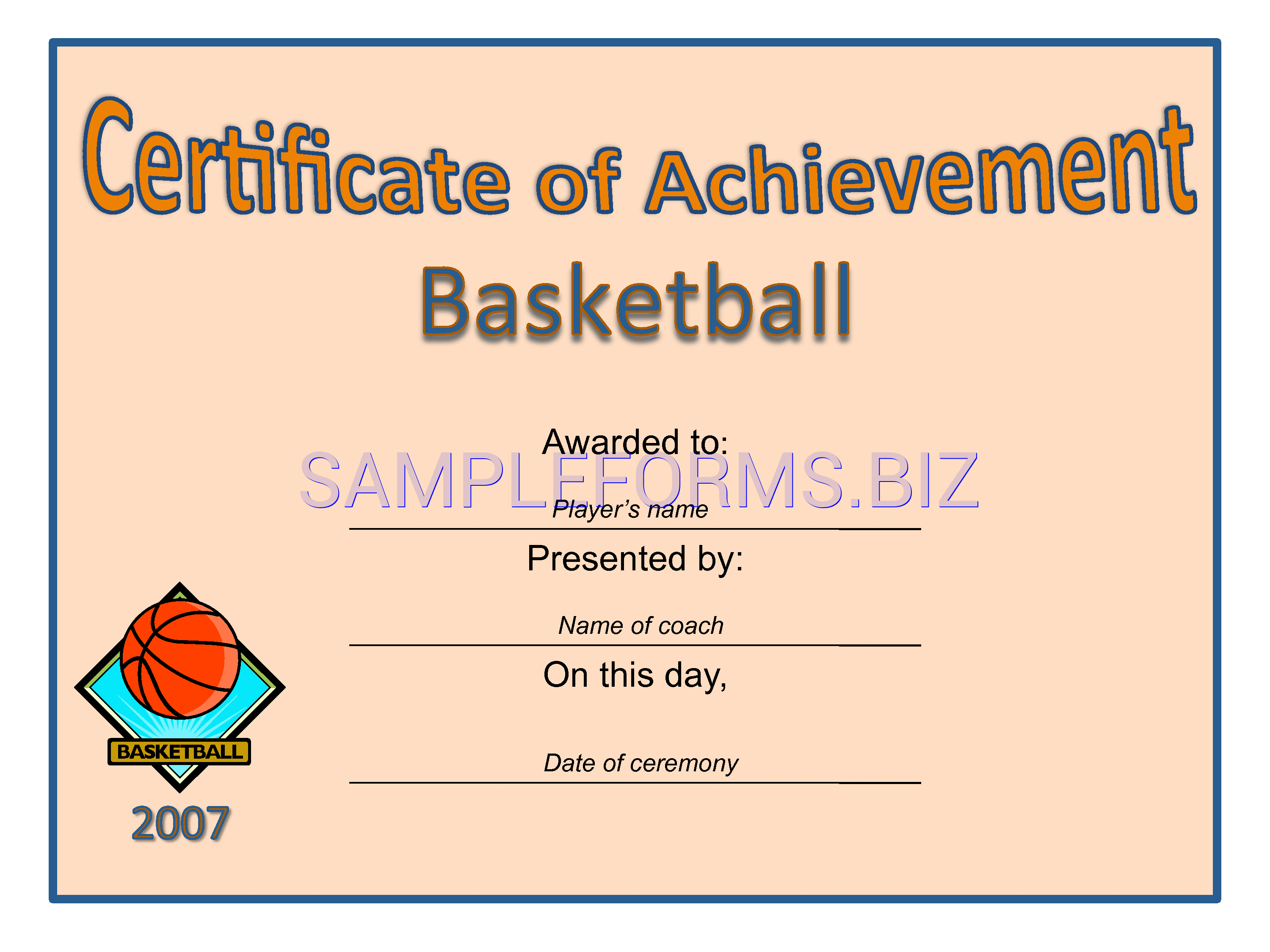 Preview free downloadable Certificate of Achievement - Basketball in PDF (page 1)